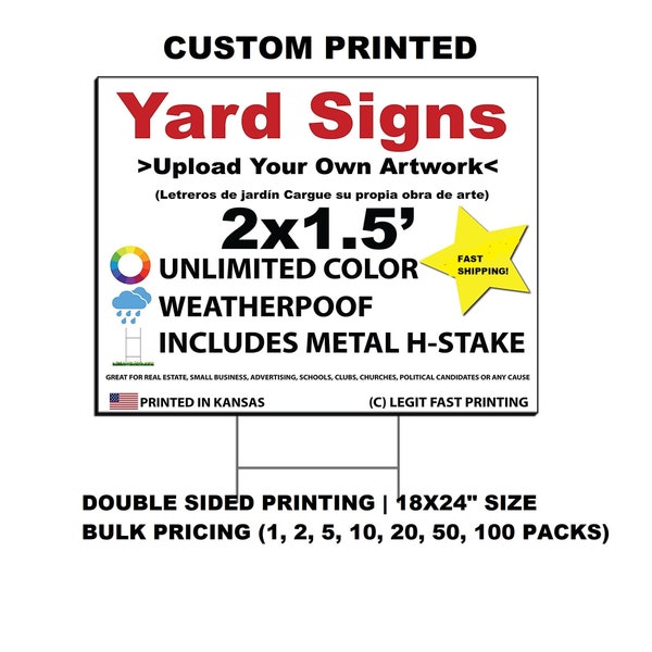 Custom Printed, Personalized, 18x24" Yard Signs, Double Sided Printing, Metal Stakes Included, Bulk Pricing Available, Unlimited Color