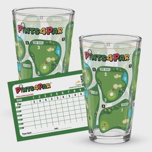 May include: Two clear glass pint glasses featuring a colorful golf course graphic with the text Pints4Par, alongside a rectangular scorecard with a grid for tracking golf scores, hole numbers, and par values for multiple players.