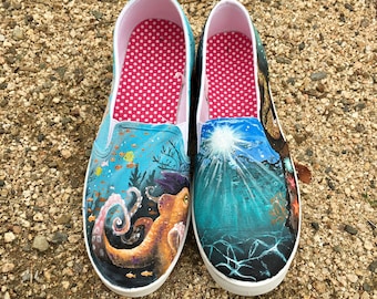 Under the Sea Hand-Painted Shoes // Custom // Standard or Vans // Ocean / Beach / Surfing / Water / Summer / Wildlife / Octopus / Waves //
