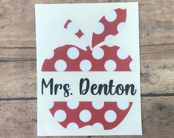 Apple Name Decal, Patterned Teacher Sticker, Floral Apple Decal, Back to School Teacher Gift, Polka Dots, Vinyl Decal