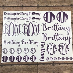 Back to School Sheet of Monogram Decals, Sheet of Name and Monogram Decals, Set of Custom Stickers, Sheet of Vinyl Decals