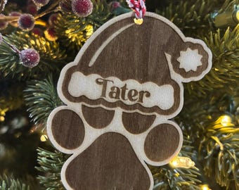 Engraved Wood Paw Print Ornament, Custom Pet Christmas Decor