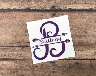 Arrow Split Monogram Vinyl Decal: Initial & Name Sticker