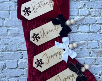 Personalized Wood Christmas Stocking Tag, Snowflake Decor