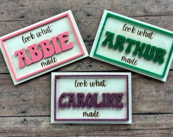 Custom Kids Artwork Magnet: Engraved Wood & Acrylic Name Display