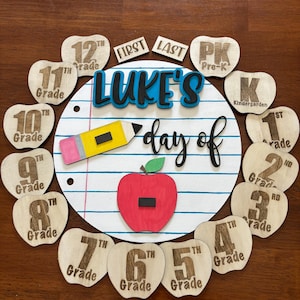 Op de afbeelding: Houten schoolbord met de tekst "Luke's day of" en cijfermarkeringen van Pre-K tot en met de 12e klas. Voorzien van een rode appel, een gele potlood en een notitiepapier ontwerp. Perfect voor back-to-school decoratie.