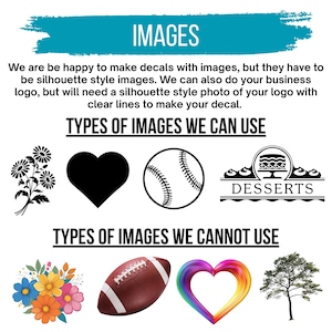Puede incluir: Un gr&aacute;fico informativo titulado IMAGES con texto que explica los requisitos para las calcoman&iacute;as. Muestra ejemplos en silueta negra de una flor, un coraz&oacute;n, una pelota de b&eacute;isbol y un logo de postres, junto a ejemplos en color de flores y &aacute;rboles.