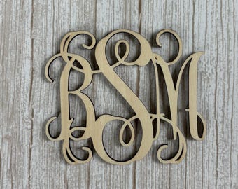 Custom Vine Interlocking Monogram Wood Cutout, Laser Cut Birch Plywood Initials