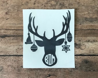 Christmas Deer Head Monogram Decal: Personalized Holiday Sticker