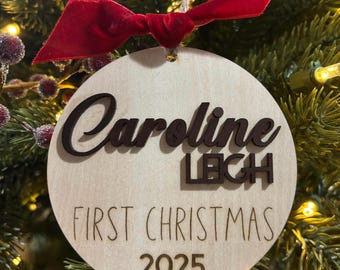 Personalized Baby's First Christmas Ornament, 3D Wood Name, Velvet Ribbon