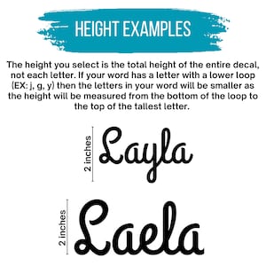 Puede incluir: Un gr&aacute;fico informativo titulado HEIGHT EXAMPLES con texto negro que explica el tama&ntilde;o de las calcoman&iacute;as. Muestra dos ejemplos de los nombres Layla y Laela en fuente cursiva, cada uno marcado con una l&iacute;nea vertical que indica 5,08 cm de altura.