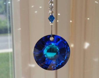 Tropical blue sun catcher, blue crystal car charm, swarovski crystal suncatcher, round ornament for rear view mirror, blue and silver hanger