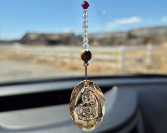 Chakra Boeddha, Boeddha-autobedel, gouden yoga-suncatcher voor auto, Boeddha-kristal, meditatiekristal, raamdecoratie, regenboogmaker