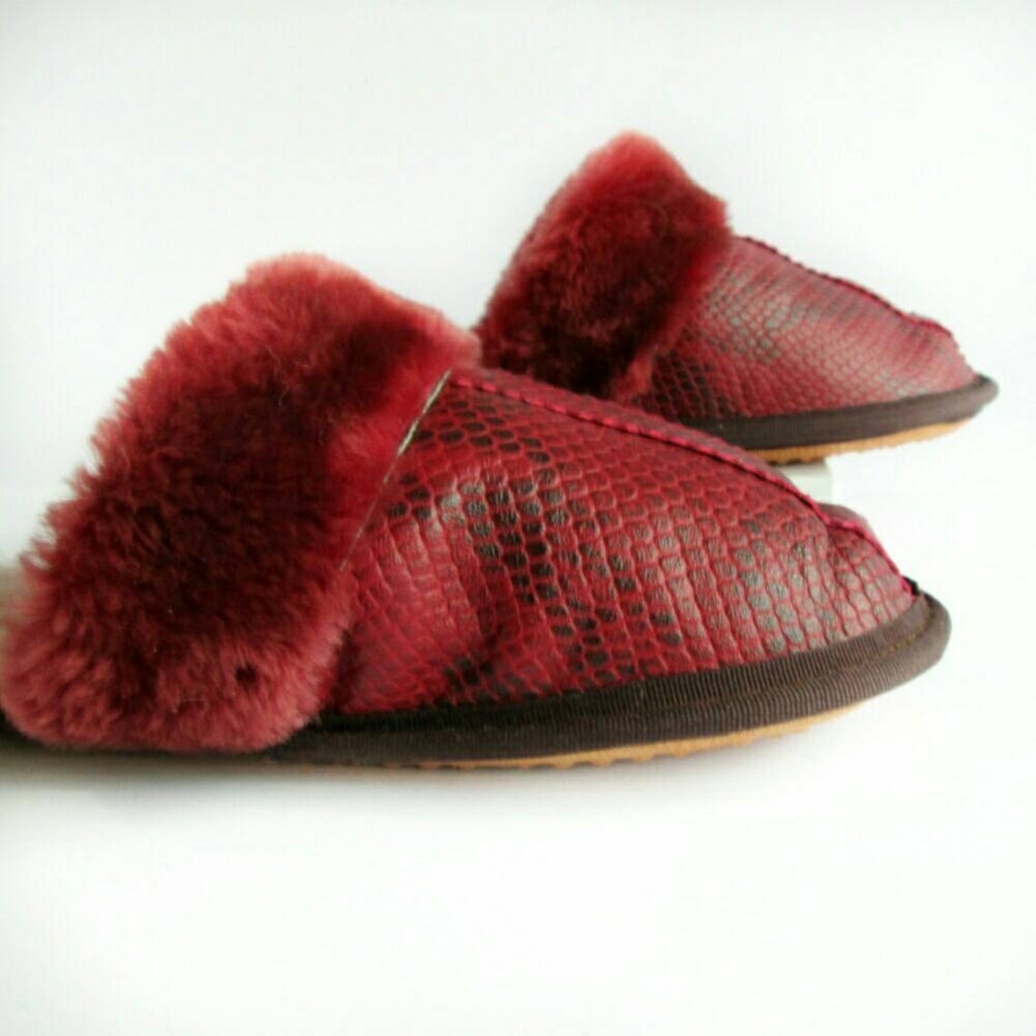 Red leather slippers custom women shoes natural leather fur Etsy