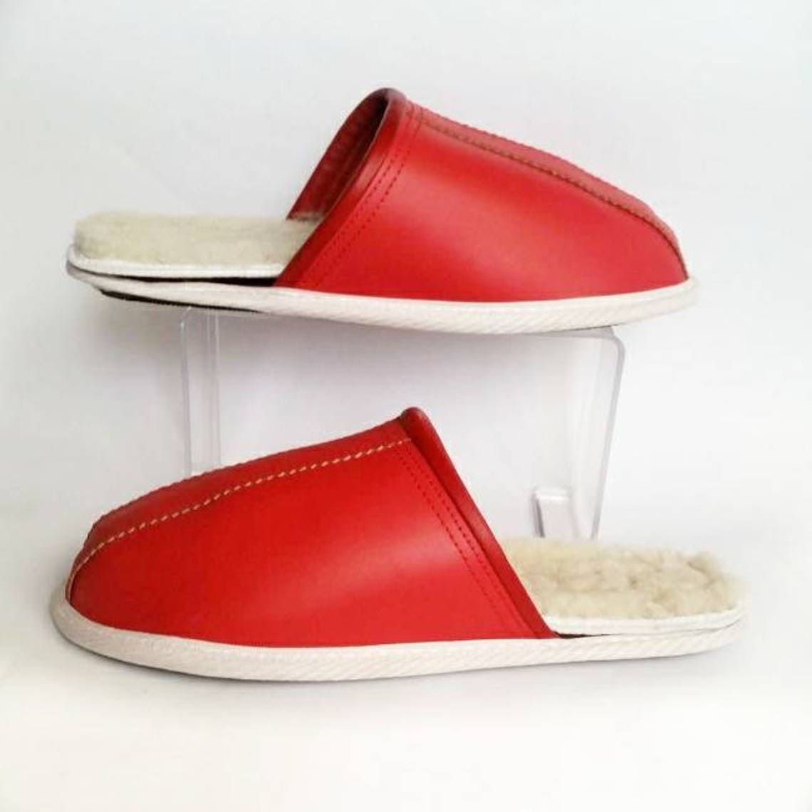 Red men slippers luxury leather shoes custom made winter Etsy