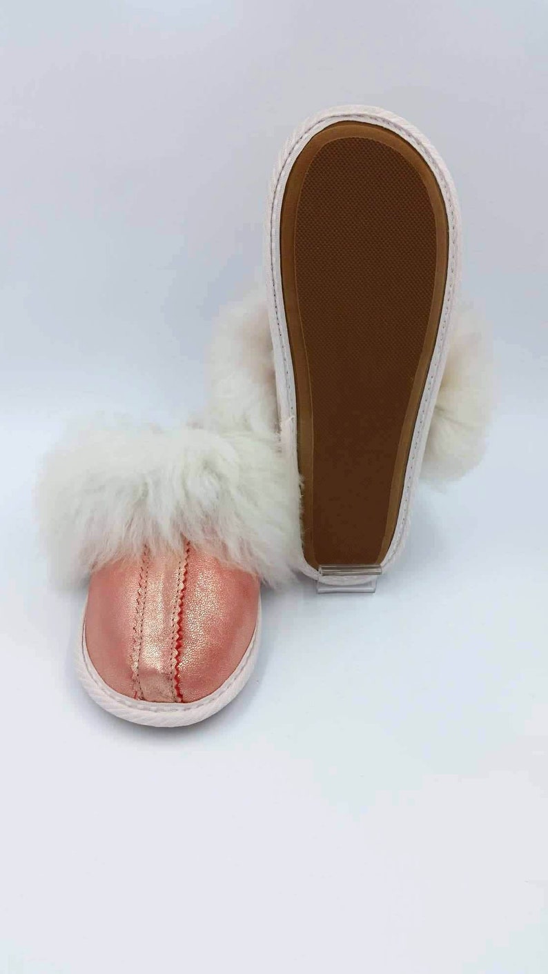 Rose gold leather slippers fuzzy leather slippers custom | Etsy