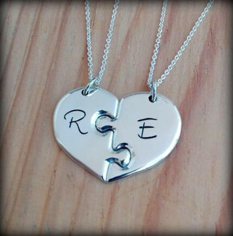 2 Piece Puzzle Heart Necklace Personalized with initials. Best Etsy