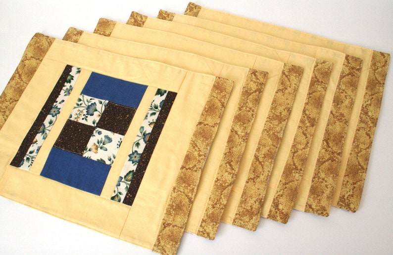 Farmhouse Table Decor Set of 6 Fabric Placemats Yellow Floral Patchwork