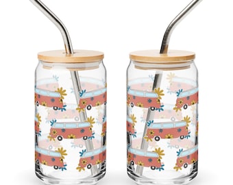Autobús hippie vintage de vidrio con forma de lata estilo boho