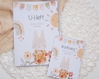 U-Heft und Impfpass Hülle personalisiert DOODLE HASE Schutzhülle mit Namen Geschenk für Geburt Junge Mädchen