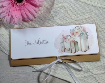 Gutschein Verpackung Geburtstag  KOFFER ROSA Hochzeit personalisiert, Geldgeschenk, Reisegutschein Urlaubsgutschein Gutschein verpacken