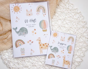 U-Heft und Impfpass Hülle personalisiert WAL REGENBOGEN GIRAFFE Schutzhülle mit Namen Geschenk für Geburt Junge Mädchen