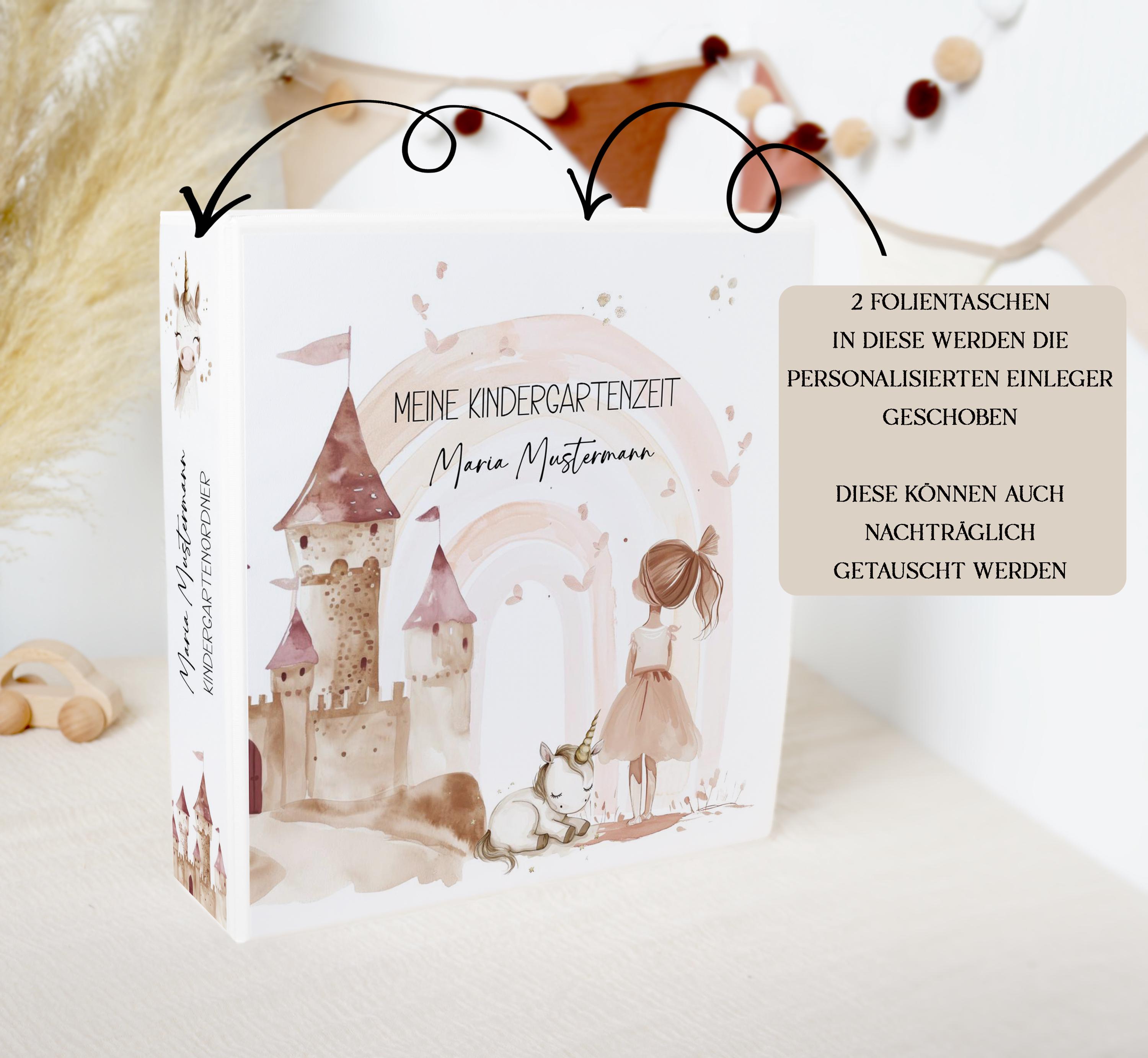 Kindergarten Ordner PRINZESSIN EINHORN personalisiert mit Namen / Sammelmappe Ringordner für Krippe Schule Kita oder Kindergarten