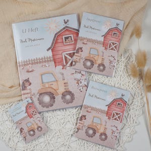 U-Heft und Impfpass Hülle personalisiert BAUERNHOF TIERE TRAKTOR Schutzhülle mit Namen Geschenk für Geburt Junge Mädchen