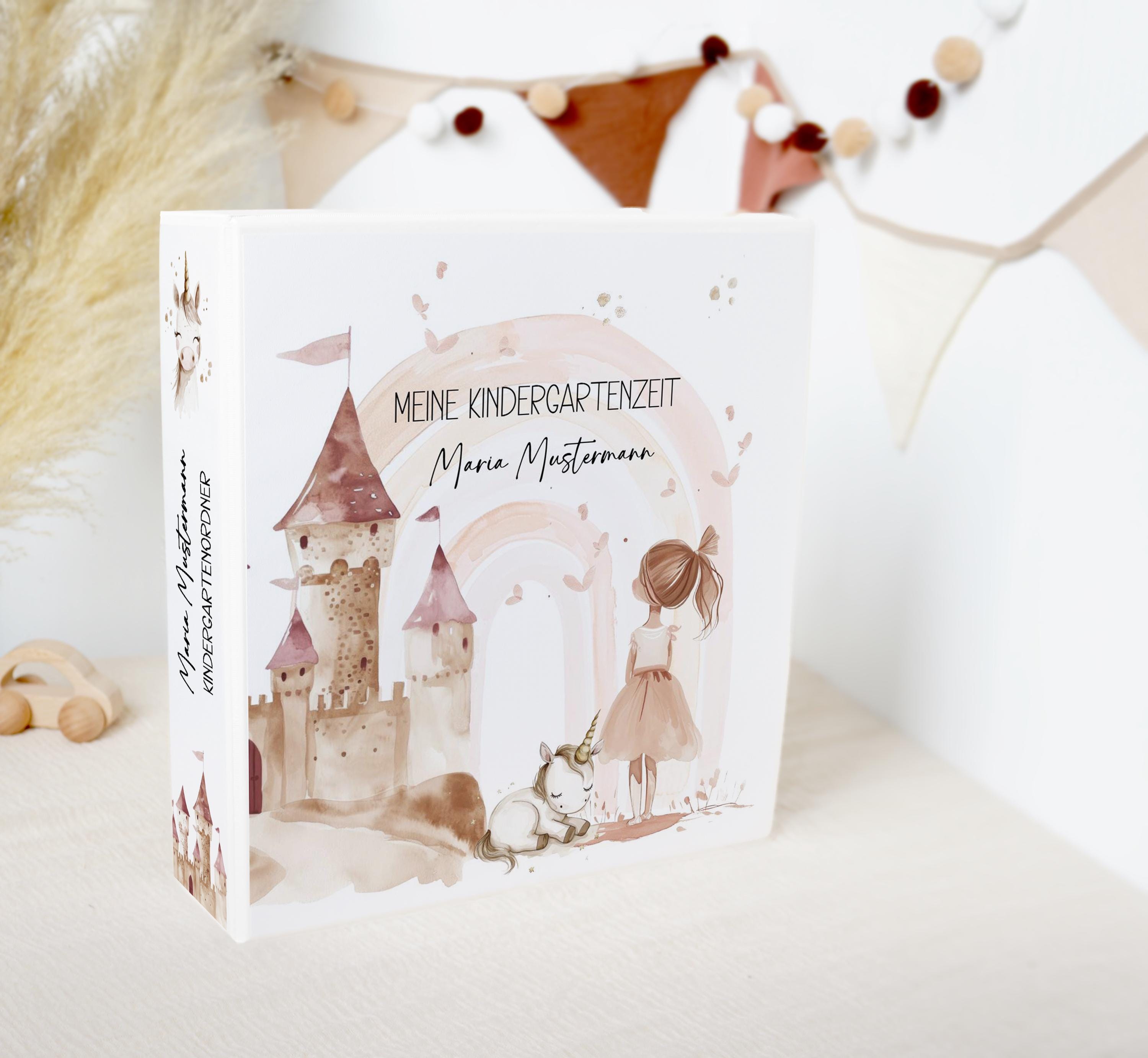 Kindergarten Ordner PRINZESSIN EINHORN personalisiert mit Namen / Sammelmappe Ringordner für Krippe Schule Kita oder Kindergarten
