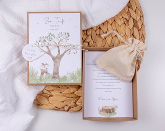 Geschenkschachtel Geldgeschenk Taufe Baum Box personalisiert mit Namen und Baumwollsäckchen Patenkind Geschenk