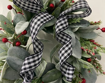 Christmas Mini Lambs Ear Wreath / Buffalo Plaid Wreath / Kitchen Cabinet Mini Wreaths / Black and White Plaid Wreaths / Holiday Mini Wreaths