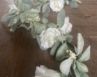 Wedding Lambs Ear and White Roses Table Garland/Country  Wedding Centerpiece /Backyard WeddingTable Runner/Rustic Wedding Floral Setting/