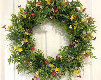 Wild Flower Wreath-Summer Wreath-Farmhouse Wreath-Double Door Wreaths-Mother’s Day Gift-Housewarming Gift-Fern Wreath-Farm Country Wreath