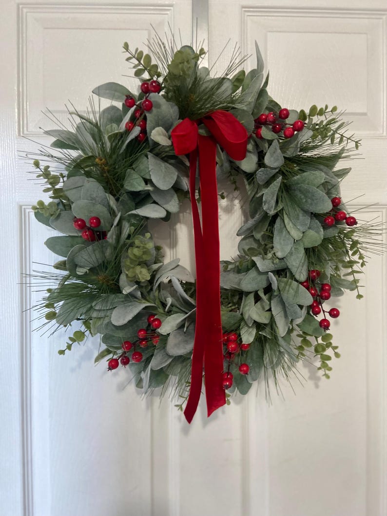 Lambs Ear Christmas Wreath – Farmhouse Holiday Door Decor With Pine ...