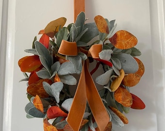 Fall Mini Lambs Ear Wreath | Farmhouse Eucalyptus Decor | Small Autumn Wreath | Fall Kitchen Cabinet Wreath