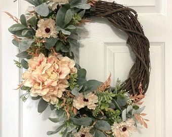 Farmhouse Lambs Ear Wreath-Hydrangea Wreath-French Cottage Door Decor- French Country Wreath- Double Door Wreath-Housewarming door Gift