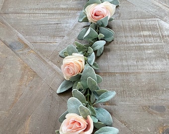 Lambs Ear and Rose Garland Floral Table Runner Lambs Ear Mantle Garland Table Centerpiece Nursery Room GarlandFrench Cottage Garland Decor