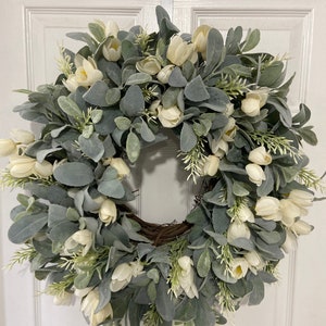 Wedding Lambs Ear and Ivory Tulips Wreath / Wedding Decor / Wedding Wreath / Bridal Shower Wreath / Door Decor