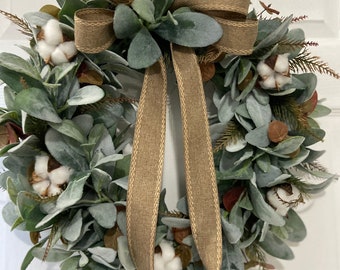 Lambs Ear and Eucalyptus Cotton boll Wreath Eucalyptus Wreath All Seasons Lambs Ear Wreath Cotton Boll Wreath Farmhouse Front Door Wreath