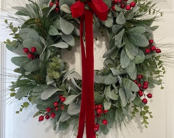 Lambs Ear Christmas Wreath with Red Berries – Farmhouse Front Door Decor, Rustic Holiday Wreath