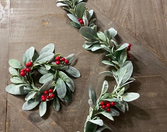 Lambs Ear Garlands with Berries Christmas Garland Mantle Garland Holiday Table Runner Seasonal Lambs Ear Garland Christmas Table Centerpiece