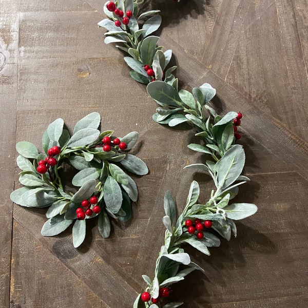 Lambs Ear Garlands with Berries Christmas Garland Mantle Garland Holiday Table Runner Seasonal Lambs Ear Garland Christmas Table Centerpiece