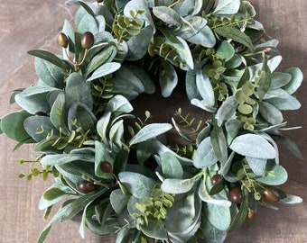 Lambs Ear Wreath, Eucalyptus Olive Greenery, Farmhouse Decor