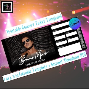 EDITABLE Bruno Mars Concert Ticket Template * Fake for Gifting * DIY Editable in Canva & Instant Download *  7 x 3 in * Las Vegas Residency