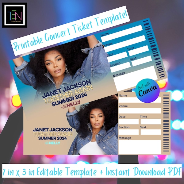 EDITABLE Janet Jackson Ticket Template * Fake for Gifting * DIY Editable in Canva & Instant Download *  7 x 3 in * Tour