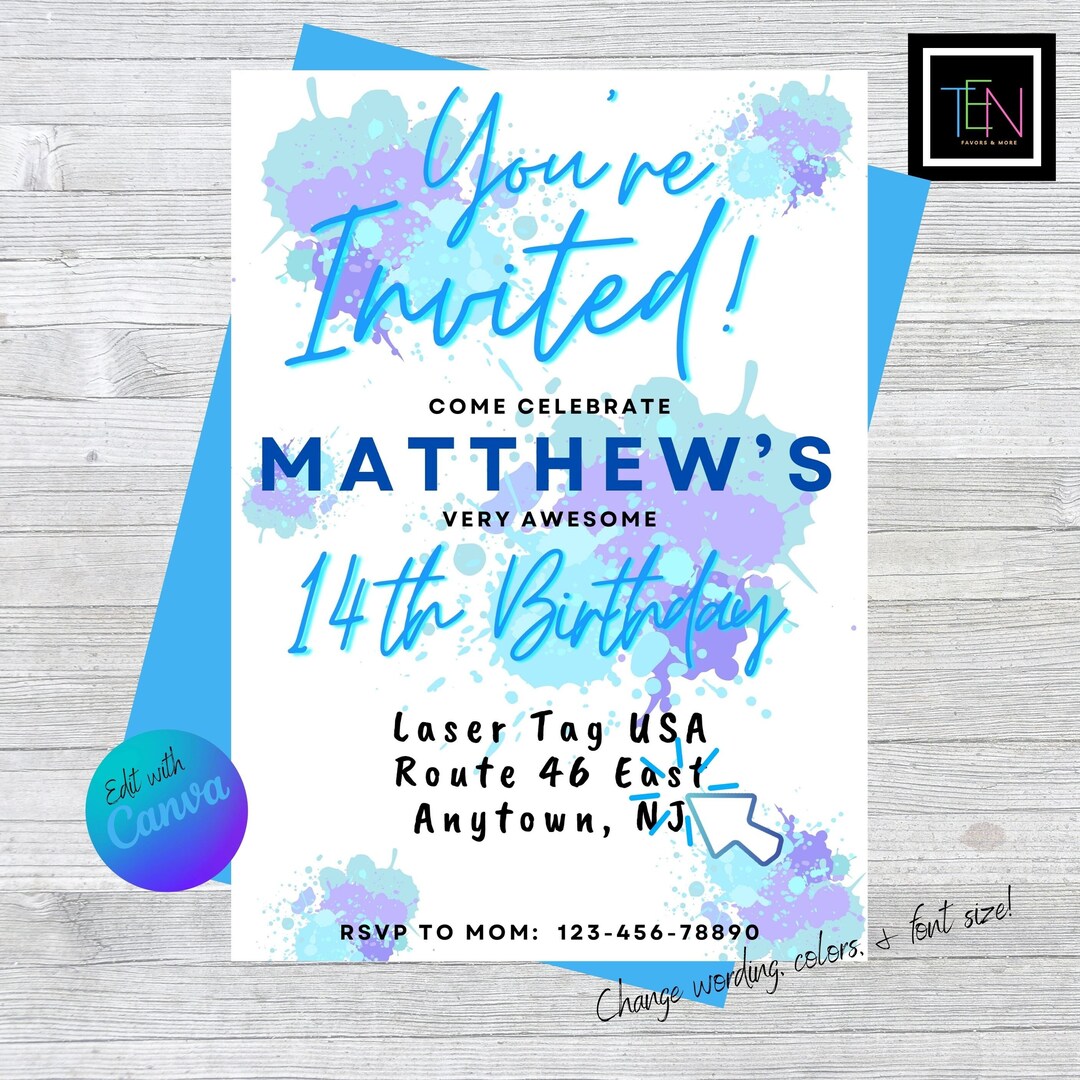 EDITABLE Splatter Paint Birthday Party Invitation DIY Editable in Canva &amp; Printable 5x7in Blue ...