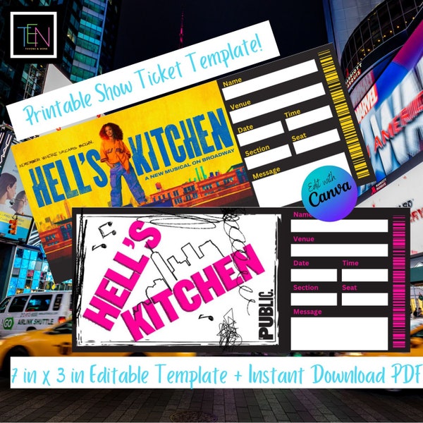 EDITABLE Alicia Keys Hell's Kitchen Broadway Ticket Template * Fake for Gifting * DIY Editable in Canva & Instant Download *  7 x 3 in * NYC