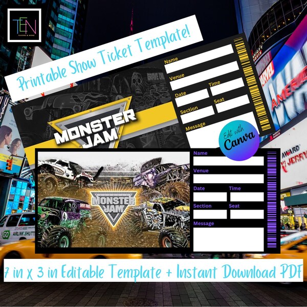 EDITABLE Monster Jam Ticket Template * Fake for Gifting * DIY Editable in Canva & Instant Download *  7 x 3 in * Trucks