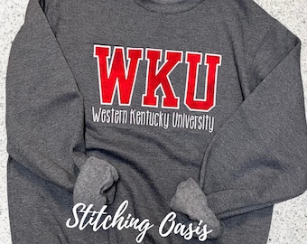 May include: A gray sweatshirt with the text "WKU Western Kentucky University" in red and white lettering.