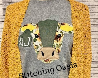 Sunflower Applique Fabric Cow with Monogrammed Ear Tag Tee T-Shirt, Personalized Gift, Womens Gift, Western